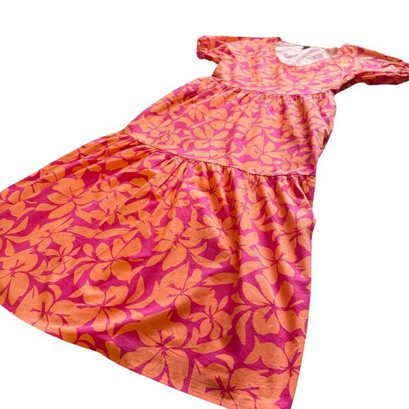 J Crew Dress Womens 4 Pink Orange Floral V Neck Puff Sleeve Tiered Midi Pockets - Picture 12 of 16